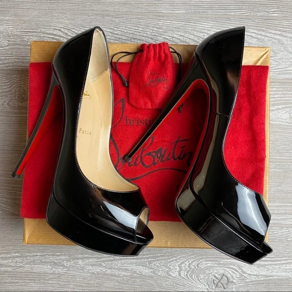 Christian Louboutin Heels Black Patent Lady Peep Toe Pumps 10.5 Red Bottoms - Picture 2 of 13